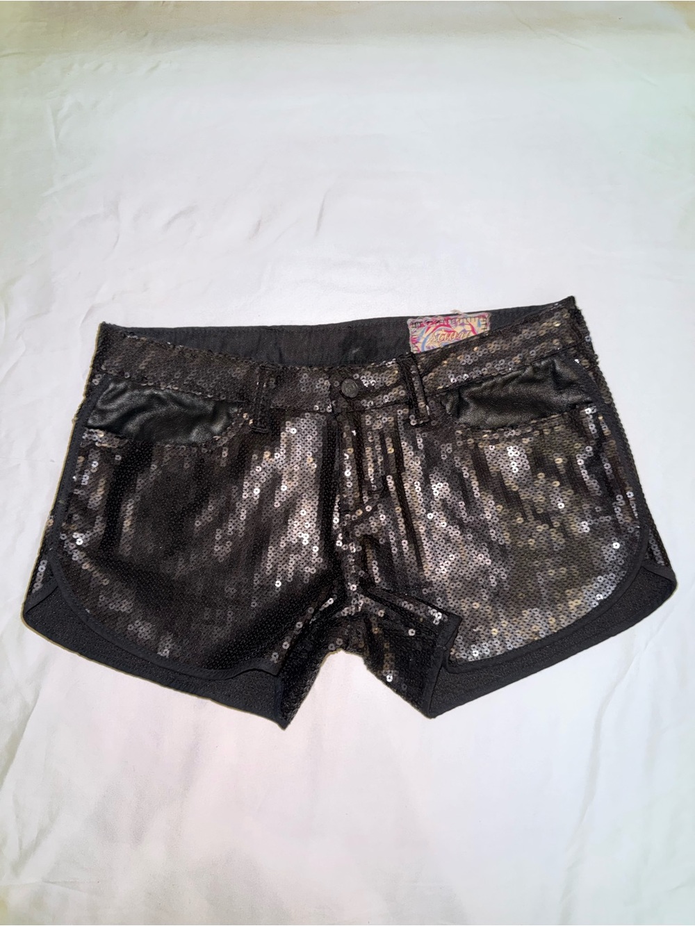 Vintage Y2K SIWY Denim Black Sequin Shorts Low Rise Embellished Made in USA - 27